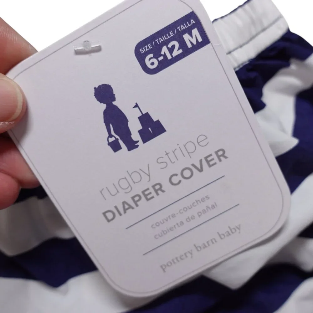 NWT Pottery Barn Kids Diaper Cover 6-12M Blue White Rugby Stripe Water Resistant